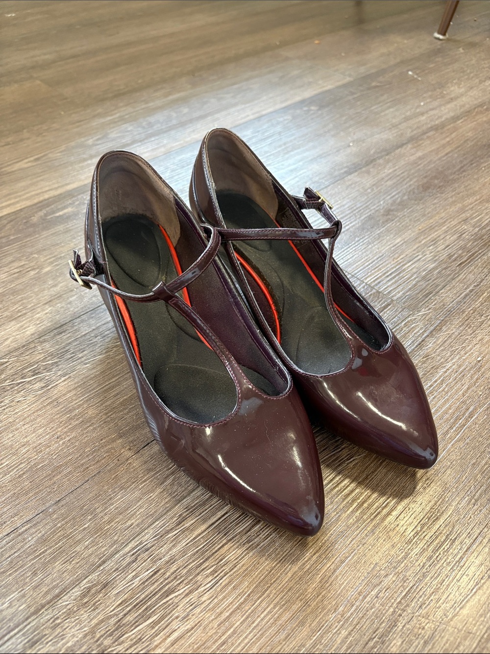 Rockport Women’s Burgundy Patent T-Strap Pointed Pumps